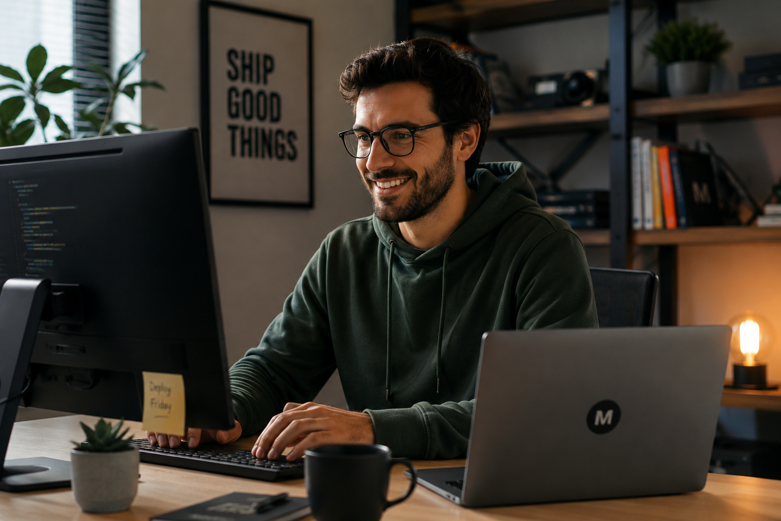 Persona sonriendo frente a su computadora mientras responde mensajes